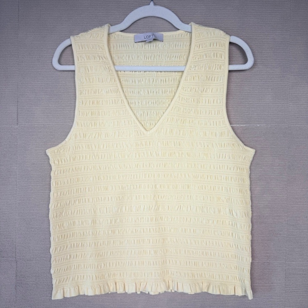 LOFT Womens XL Butter Yellow Smocked V-Neck Sleeveless Ruffle Hem Tank Top